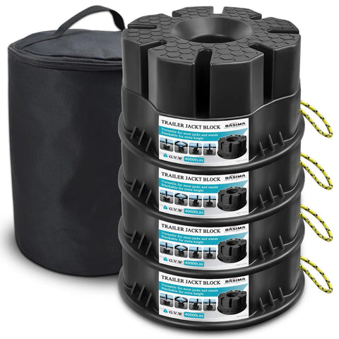 Heavy Duty 6 Inch Trailer Jack Blocks 4 Pack, stackable polyurethane pads, supports 40000 lbs, with carrying bag.