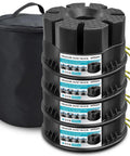 Heavy Duty 6 Inch Trailer Jack Blocks 4 Pack stacked with carrying case for RV stability and leveling on rough terrain.