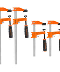 Front view of Jorgensen steel bar clamps set, orange jaws, black handles, 4-pack (2x12in, 2x6in)