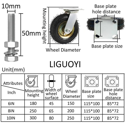 Two Pack Heavy Duty Inflatable Rubber Swivel Casters with dimensions, screws, and base plate details for moving heavy appliances.