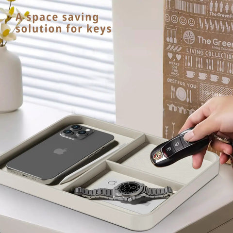 Premium PU Leather Jewelry And Key Organizer Grab-And-Go Tray For Desk Or Nightstand with phone, keys, and watch visible
