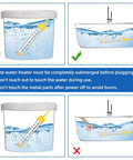Safety instructions for 1500W Portable Immersion Water Heater With Digital Lcd Screen, showing correct use in bucket and bathtub.