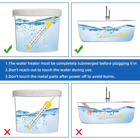 Safety instructions for 1500W Portable Immersion Water Heater With Digital Lcd Screen, showing correct use in bucket and bathtub.