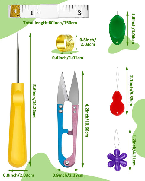 All-In-One Sewing Seam Ripper Kit With 2 Large And 2 Small Rippers, Stitch Remover Tools, Thread Removers, Needle Threaders, Scissors dimensions.