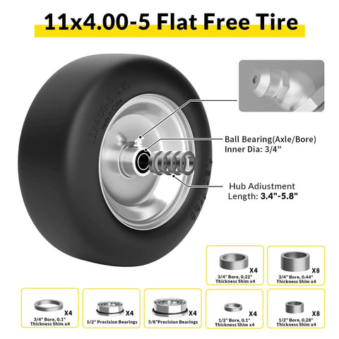 Flat Free 11x4-5 Lawn Mower Front Tires For Zero Turn Mowers, Solid Tire With Three Quarter, Five Eighths And One Half Bearings