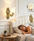 Plug in Wall Sconce, Dimmable Vintage Gold Wall Lamp 0%-100% Brightness, antique brass finish, frosted glass shade above bed.