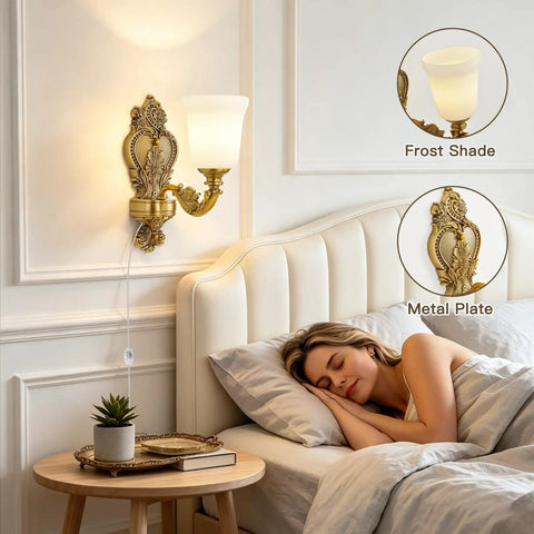 Plug in Wall Sconce, Dimmable Vintage Gold Wall Lamp 0%-100% Brightness, antique brass finish, frosted glass shade above bed.