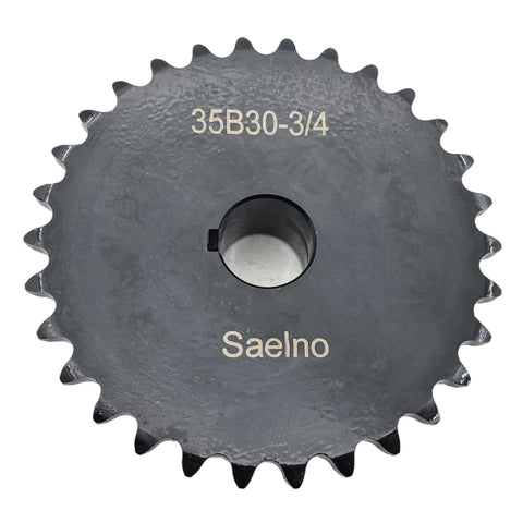 Front view of 35B30 Roller Chain Sprocket for ANSI 35 Chain, 30 Teeth, Type B, 3/4 Inch Bore, Hardened 1045 Carbon Steel with Anti Rust Finish.