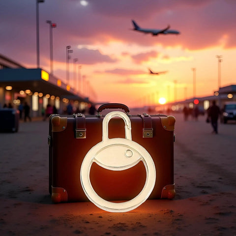Large round luggage tag attached to a brown suitcase at airport with planes in sunset sky