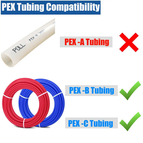 Compatibility chart of PEX tubing types with PEX-B and PEX-C approved for 12 Pack One Half Inch Pro Press Fittings for PEX Adapter Copper to PEX B Pipe Lead Free Brass Crimp Couplings for Hot And Cold Water Systems Ready To Install With Pro Tools.