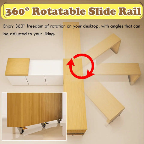 Smooth Operator 360 Degree Rotating Table Slide Track With Heavy Duty Aluminum Turntable and Whisper Quiet Swivel Casters for Extendable Island Bar or Dorm Desk that glides just right, showing adjustable rail system.