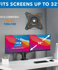 Heavy Duty Dual Monitor Desk Mount Featuring Smooth Gas Spring Float For 17 To 32 Inch Screens, showing VESA 75x75 and 100x100 bracket.
