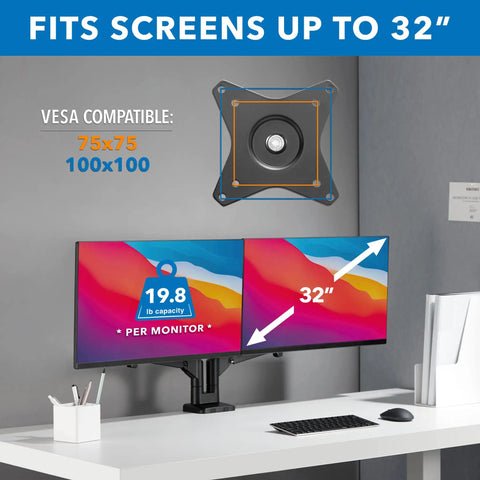 Heavy Duty Dual Monitor Desk Mount Featuring Smooth Gas Spring Float For 17 To 32 Inch Screens, showing VESA 75x75 and 100x100 bracket.