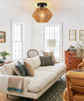 Living room with Boho Rattan Ceiling Light Fixture With Handwoven Cage Shade Coastal Semi Flush Mount and comfy seating area.