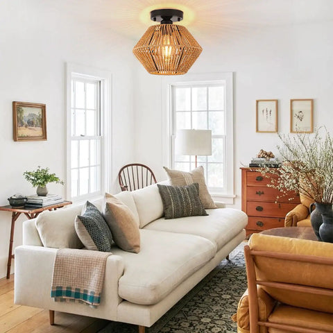 Living room with Boho Rattan Ceiling Light Fixture With Handwoven Cage Shade Coastal Semi Flush Mount and comfy seating area.