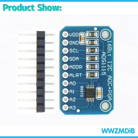 ADS1115 16 Bit 4 Channel I2C IIC Analog To Digital Converter with programmable gain amplifier, top view of the circuit board