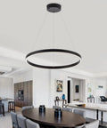 Modern LED Ring Chandelier With Uplight And Downlight, Black Dimmable Circular Pendant Light over dining table in sleek room