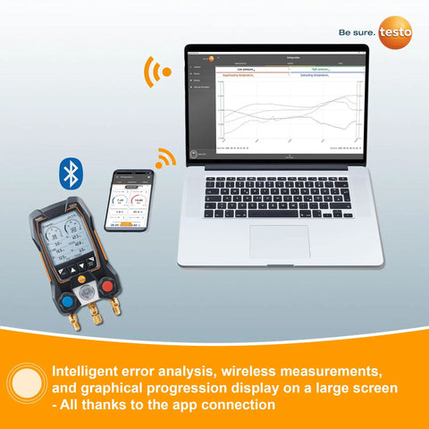 Pro Grade AC Manifold Gauge Set For HVAC Pros And Refrigeration With Bluetooth Micron Gauge And Two Pipe Clamp Thermometers Includes T115i And T552i For Precise Temperature And Pressure Readings And Easy Recharge Kit. Bluetooth HVAC gauge set with laptop and phone app