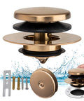 No Sweat Champagne Bronze Universal Tub Drain Conversion Kit With One Hole Overflow Face Plate And Pop Up Stopper overview with parts.