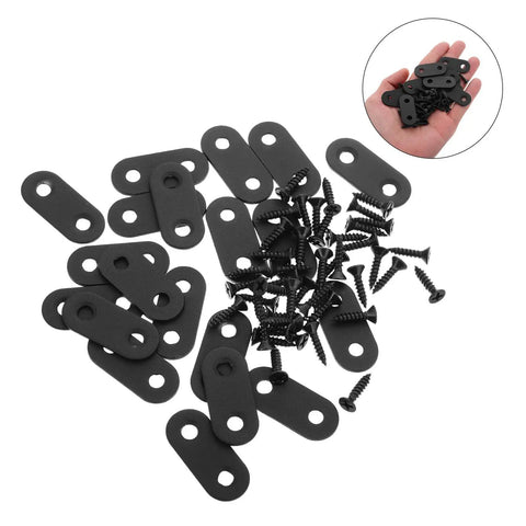 20 Pack Heavy Duty Sturdy Black Iron Flat Plate Straight Corner Brackets with screws for furniture repair and shelf support.