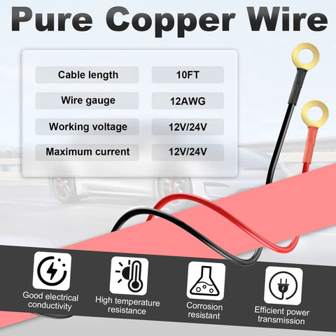 10Ft 12AWG 12 Volt Cigarette Lighter Socket Extension Cord With Built In Fuse And Spare Amps Waterproof Power Outlet Adapter image showing specifications.