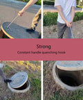 Versatile Manhole Hook Tool With T Shape Grip Lifter used to lift manhole cover, showing stainless steel construction in outdoor setting