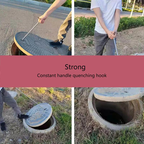 Versatile Manhole Hook Tool With T Shape Grip Lifter used to lift manhole cover, showing stainless steel construction in outdoor setting