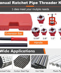 Heavy Duty Portable Ratchet Pipe Threader Kit With 5 Dies For 3/8 To 1-4 Inch Npt Threading including dies, handle, extension bar, and storage case.