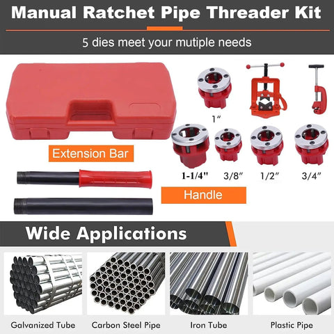 Heavy Duty Portable Ratchet Pipe Threader Kit With 5 Dies For 3/8 To 1-4 Inch Npt Threading including dies, handle, extension bar, and storage case.