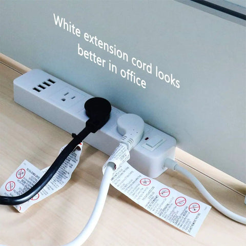 Flat Plug Extension Cord 1 Ft Beefy Heavy Duty 14 AWG 15A 125V 1875W White For Home Appliances shown plugged into power strip