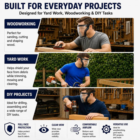 Full Face Shield 2 Pack Clear Wide Angle Anti Fog Visor With Breathable Lower Vent For Yard Work Woodworking Sawdust And Debris Protection Keep Your Mug Safe On The Daily, man using shield for woodworking.