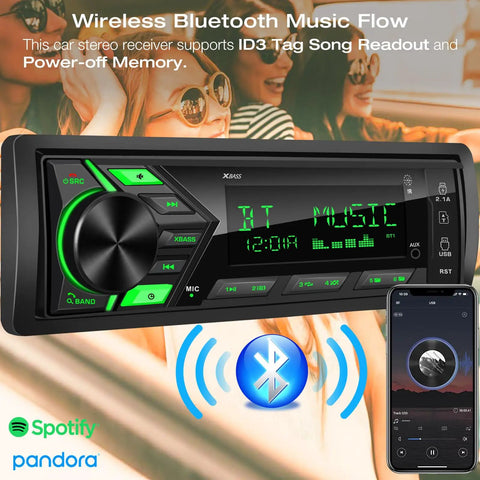 All In One Bluetooth Car Stereo For Marine Use That Slaps With Single Din LCD Display MP3 Player FM AM Receiver Dual USB Ports SD Card Slot AUX In Two Point One Amp Quick Charge APP Control In Dash Multimedia Radio with smartphone app interface and Bluetooth logo on display.