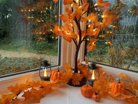 5.1 Inch Mini Lanterns Six Pack LED Candle Lanterns for Indoor Outdoor Decor with autumn leaves and pumpkins