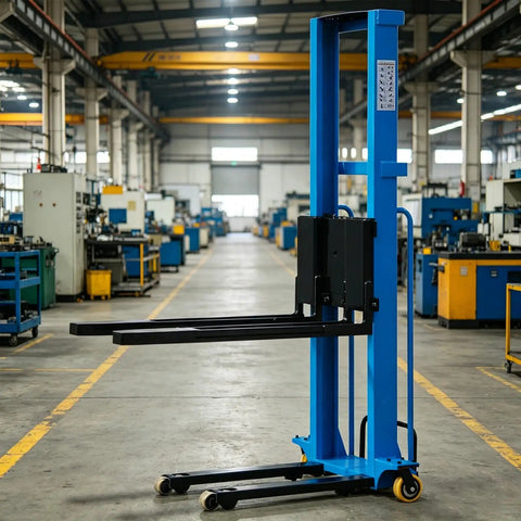 Heavy Duty Electric Pallet Jack Stacker And Forklift Lift Truck For Warehouse Operations Compact Portable Material Handler in blue.