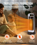 Compact Electric Space Heater With Thermostat And Remote Control, emitting warmth to a family, highlighting safety features