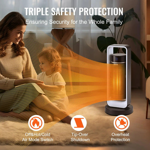 Compact Electric Space Heater With Thermostat And Remote Control, emitting warmth to a family, highlighting safety features