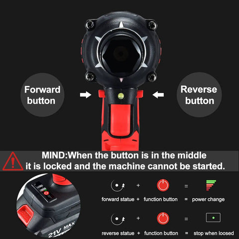 Beast 21V Cordless Impact Wrench With 400 Nm Max Torque and 3000 RPM showing forward and reverse buttons.