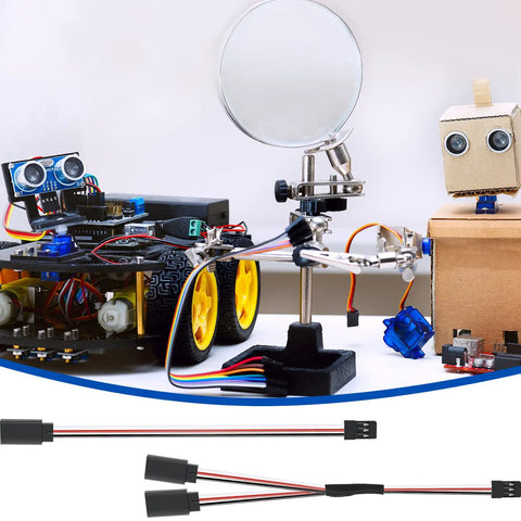 9 Piece Servo Y Connector Kit With 3 Pin Plug Splitters displayed with RC car and robot for easy wiring setup