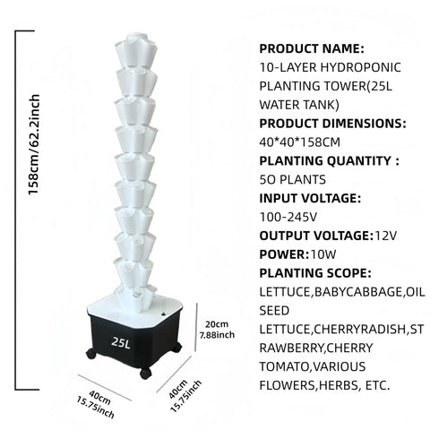 Hydroponic Growing System Kit With Aeroponic Tower 50 Hole Vertical Garden For Vegetables Herbs And Flowers Includes Pump And Mobile Water Tank with dimensions.