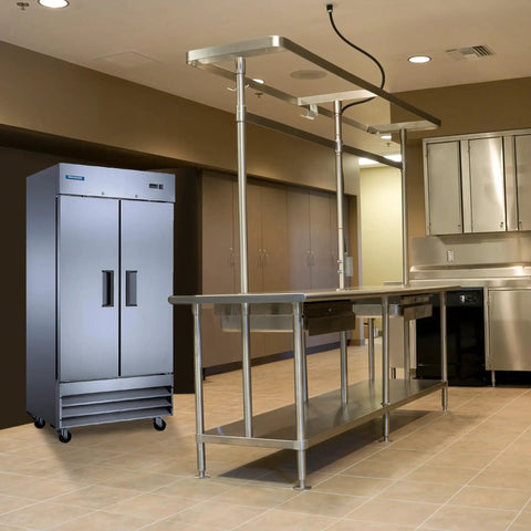 Top Shelf Commercial Double Door Freezer With No Sweat Auto Defrost And Simple Digital Temp Control Built Tough For Busy Restaurants in a kitchen.