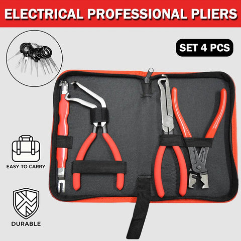 Five Piece Electrical Disconnect Pliers Set For Cars Trucks And SUVs Pro Grade Tools in red case, four pliers visible