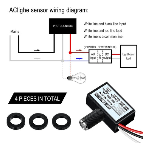 Diagram of 4 Pack 120V AC Photoelectric Switch Light Sensor with wiring details for outdoor lighting