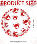 Heavy Duty 50 Pack Crab Boil Paper Plates 9 Inch Round Disposable Dinnerware with red crab designs and dimensions labeled.