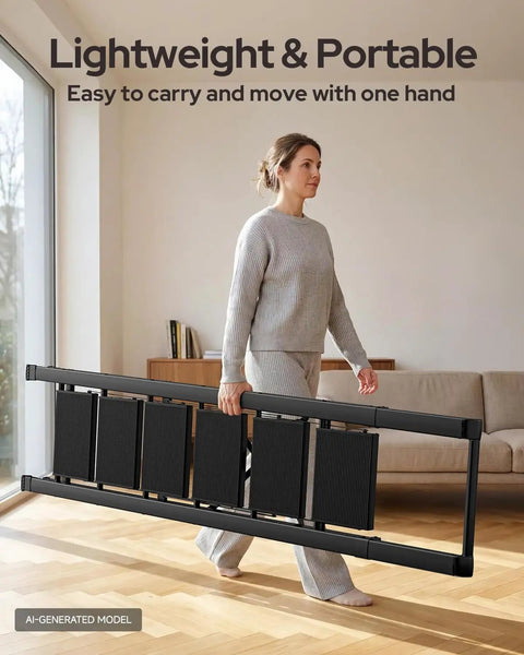 Six Step Foldable Aluminum Ladder Stool, Easy Fold And Store, Black Home Step Ladder With Shelf, Sturdy Yet Lightweight, Your Go To Kitchen And Home Helper For Bedroom Library Classroom, shown folded and carried indoors