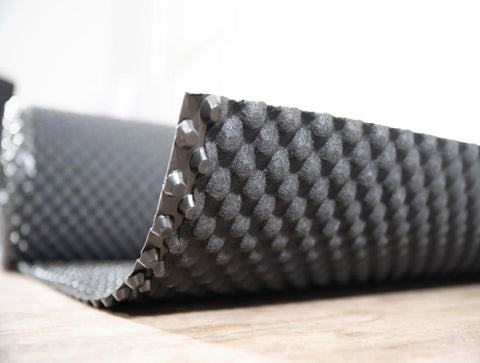 Premium Underlayment Roll With Heavy Duty Moisture Barrier For Engineered Hardwood Laminate And Vinyl Plank Floors Supporting 5MM Or Thicker Click Lock Systems No Sweat Setup Delivers Top Shelf Durability, close-up view showing textured surface.