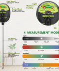 4 In 1 Soil Tester Moisture pH Sunlight And Fertility Meter For Garden Lawn Farm And Potted Plants Indoor Outdoor Use Quick Accurate Readings For Smart Plant Care For Green Thumbs with measurement scales and sensors displayed.