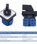 Front and side view of 5 Position Changeover Selector Switch LW26-20-4/2 Latching Rotary Cam Controller, 8 terminals, 550V 20A