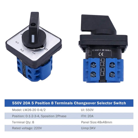 Front and side view of 5 Position Changeover Selector Switch LW26-20-4/2 Latching Rotary Cam Controller, 8 terminals, 550V 20A