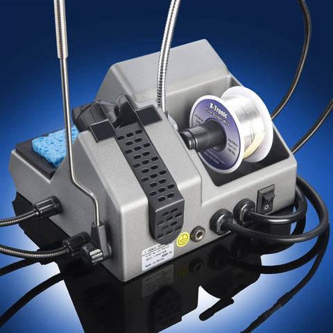Pro Grade 75 Watt Soldering Station Kit With 5 Extra Tips Dual LED Displays Sleep Function Fahrenheit And Celsius 3 Temperature Presets Mini Mag Lamp 4 Helping Hands Solder Sucker Tweezers Brass And Wet Sponges Solder Roll Holder shining in silver with attached solder roll holder