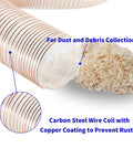 Heavy Duty 1.5 Inch Clear Polyurethane Dust Collection Hose With Hose Clamps Flexible Air Tubing For Shop Vacs showing carbon steel coil and sawdust.